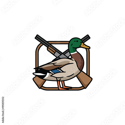 A cartoon illustration featuring a mallard duck crossed with hunting shotguns