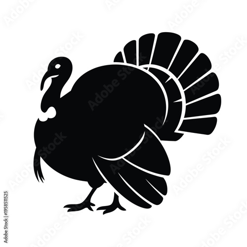 A striking black silhouette of a wild turkey in profile view