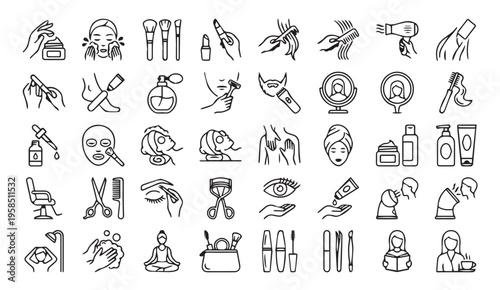 Beauty and cosmetics icons: makeup and skincare tools with hair dryer