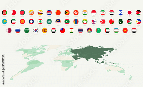 Collection of Round Flags of Asia with Asia Highlighted on a World Map.