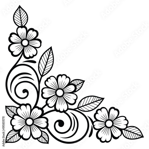 Black and white floral corner design featuring stylized blossoms and swirling vines