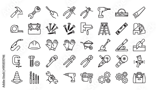 Hand tools and hardware icons: diy and repair with measuring tape