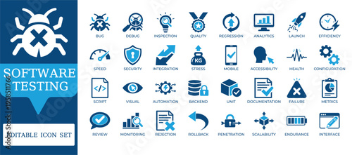 Software Testing and Quality Assurance Icons. Featuring bug reporting, automation, security, performance, and mobile testing symbols. Editable vector set for QA reports and tech apps