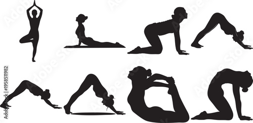 A set of eight black silhouettes of a woman in different yoga poses on a pure white background, showcasing flexibility and balance in various stretches and balances.
