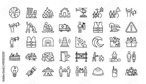 Emergency and disaster response icons: safety and aid symbols
