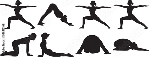 Detailed illustration featuring eight black silhouettes of various yoga poses on a pure white background, showcasing flexibility and balance in different meditation and exercise positions.
