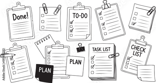 Hand drawn to do list and task plan illustrations on clipboards