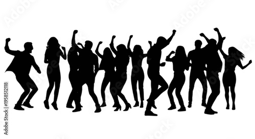 Group of people dancing with arms raised in a celebratory manner