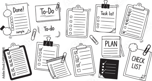 Hand drawn clipboard checklist and to do list illustrations