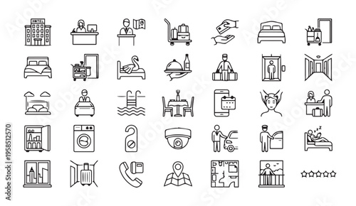 Hotel and hospitality service icons, doodle illustration, check in