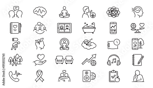 Mental health and wellbeing icons, doodle style, self care