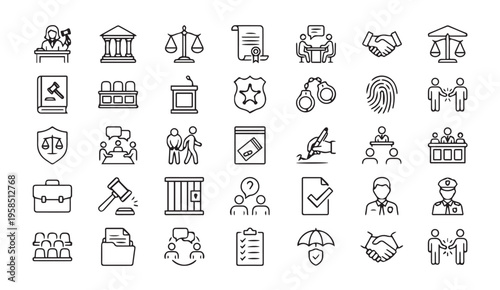 Law and justice icons collection, doodle illustration, legal aid