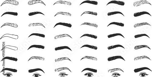 Hand drawn eyebrow illustrations and eye drawings in various styles