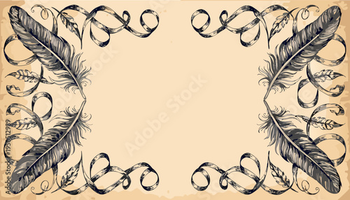 Vintage Background with Hand Drawn Feathers and Elegant Ribbon Scrolls on Aged Paper