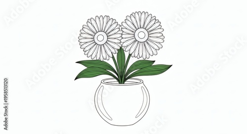 Simple Flower Pot Drawing with Two Daisy Style Flowers Circular Centers Green Leaves Round Pot Minimal Botanical Coloring Page Illustration