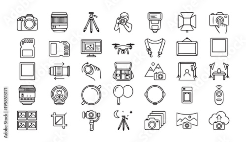 Photography icons: camera gear, equipment, and photo symbols collection