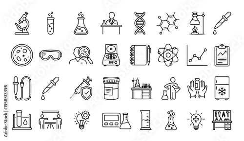 Science icons: lab equipment, research, and medical symbols collection