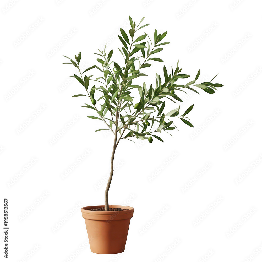 Fototapeta premium Potted olive tree with lush green leaves and small branches isolated on transparent background