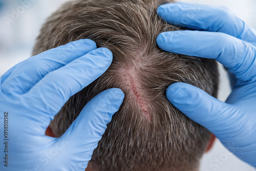 Close Up Of Inflamed Scalp With Gloved Hands For Dermatological Assessment Hair Loss Evaluation And Medical Treatment Planning