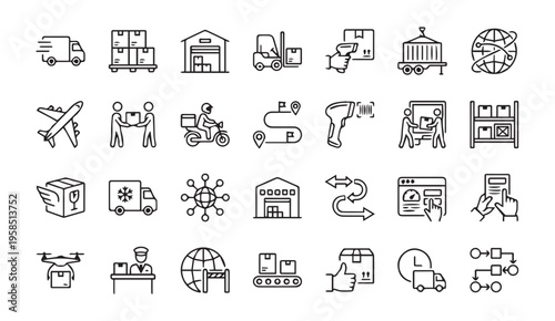Logistics and delivery icons: truck, package, drone, warehouse, shipping