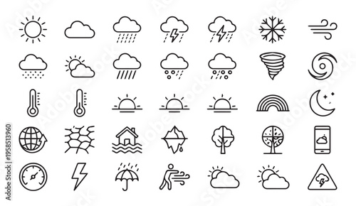 Weather icons: sun, clouds, rain, snow, storm, thermometer