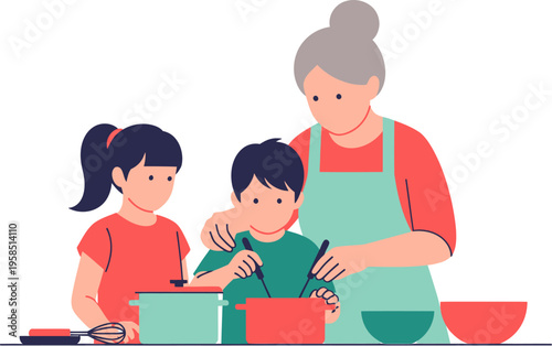 Grandmother and children cooking together in the kitchen, creating culinary memories