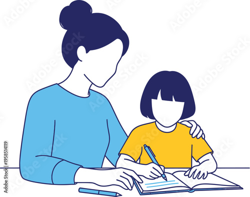 Supportive adult helping a young child with their studies, illustrating the concept of home education, tutoring, and family learning in a simple graphic style