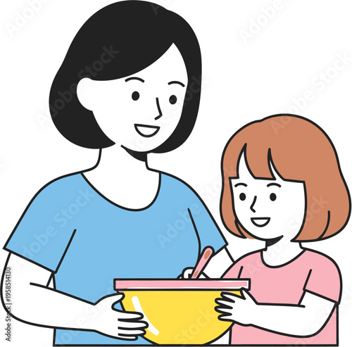 A heartwarming illustration of a mother and daughter happily preparing food together in the kitchen, fostering a bond through shared activity and learning