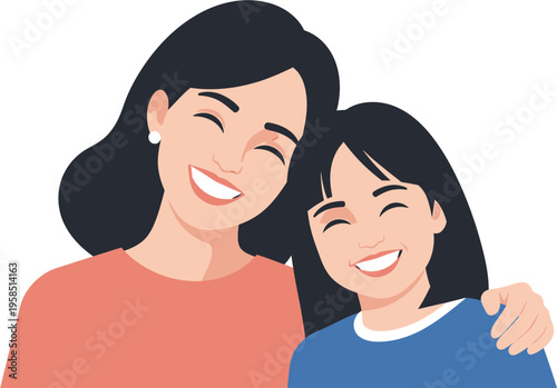 Vibrant illustration capturing a loving mother and daughter sharing pure happiness, smiling brightly in a tender embrace, symbolizing strong family connection and a joyful bond