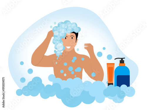 man washing hair shampoo bubbles bath daily hygiene body care
