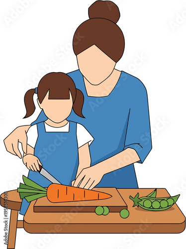 A mother and daughter happily preparing a meal together in the kitchen, chopping vegetables for a healthy recipe
