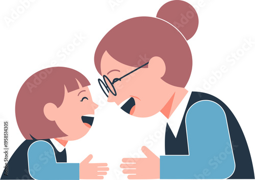 A delightful illustration capturing the pure joy and heartfelt laughter shared between an elderly woman and a young child, symbolizing loving intergenerational bonds