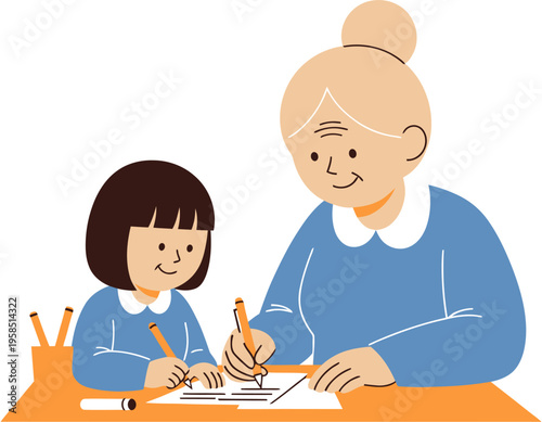 Happy grandmother and cute granddaughter enjoying a creative learning session, writing and drawing together at a desk, fostering intergenerational bonding and education at home