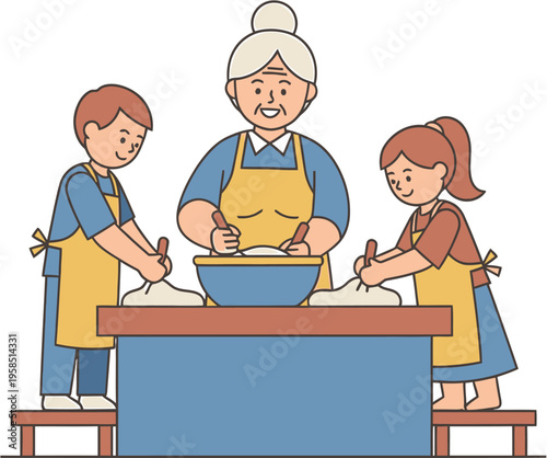 Grandmother and grandchildren baking together, learning family traditions in the kitchen, creating delicious treats and memories