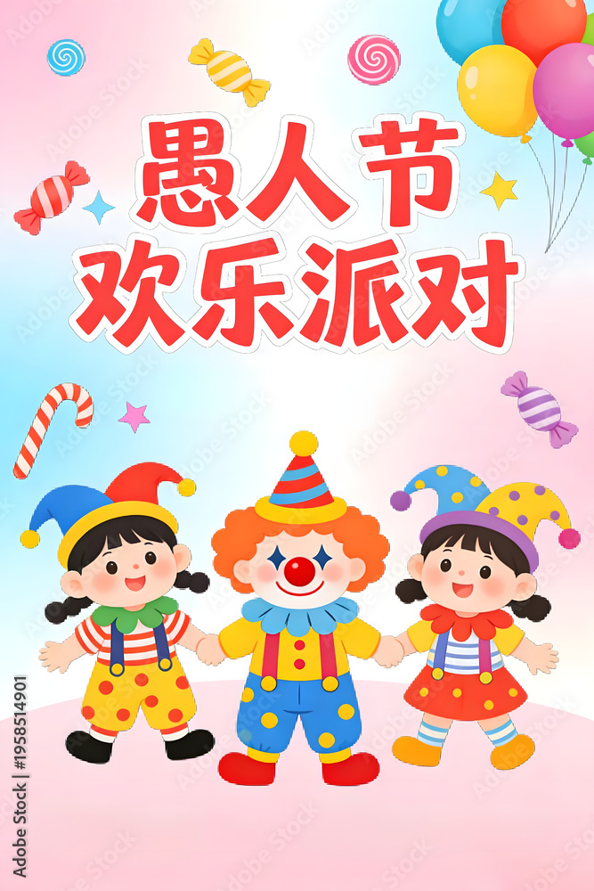 Naklejka premium Three cartoon clowns at a festive party with balloons and candies