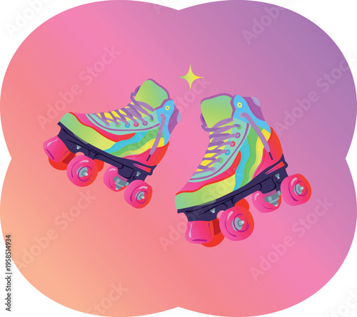 Vector colorful quad roller skates illustration, Y2K aesthetic retro skates on vibrant gradient background, 90s nostalgia style.