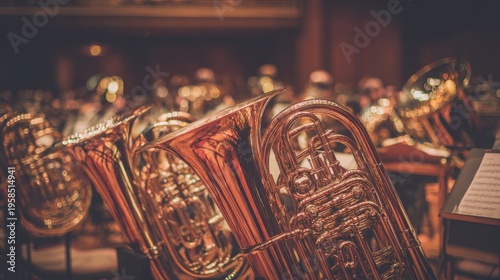 Gleaming polished copper and brass instruments, likely tubas, arranged for an orchestral performance.