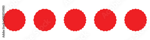 Set of red starburst, sunburst badges, sale sticker, price tag, starburst icon set , Circle sticker set. Wavy edge promo red badges. Starburst shape tags for price.  Vector illustration. Eps10
