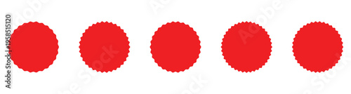 Set of red starburst, sunburst badges, sale sticker, price tag, starburst icon set , Circle sticker set. Wavy edge promo red badges. Starburst shape tags for price.  Vector illustration. Eps10