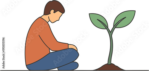Reflective person beside a young plant, symbolizing the patient journey of nurturing personal growth, cultivating potential, and developing new beginnings with careful dedication