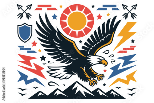 eagle flying over mountains lightning sun shield arrows patriotic design american symbolism vintage style transparent background