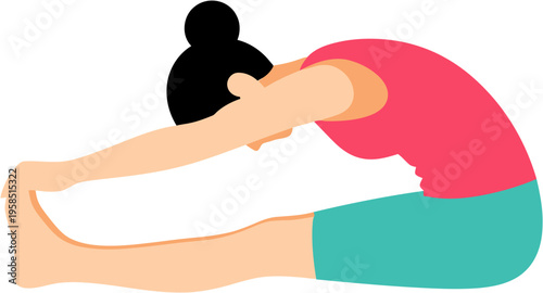 Flat design illustration of a woman performing a deep stretch in a seated forward bend yoga position, perfect for promoting relaxation and physical fitness and health