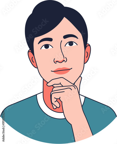 Illustration of a thoughtful young man pondering a decision, with a contemplative expression, representing problem-solving and ideation in a modern flat design style