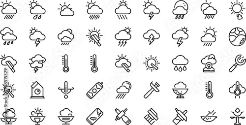 Weather forecast and climate line icon set featuring rain clouds temperature storm minimal outline vector collection