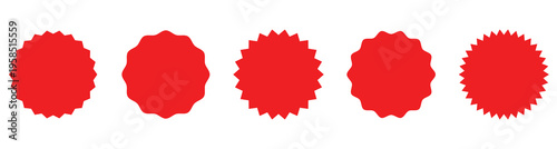 Red starburst badge shape for sale label, discount sticker, promotional tag, price badge, and marketing design.  Starburst icons isolated on white background. Eps10