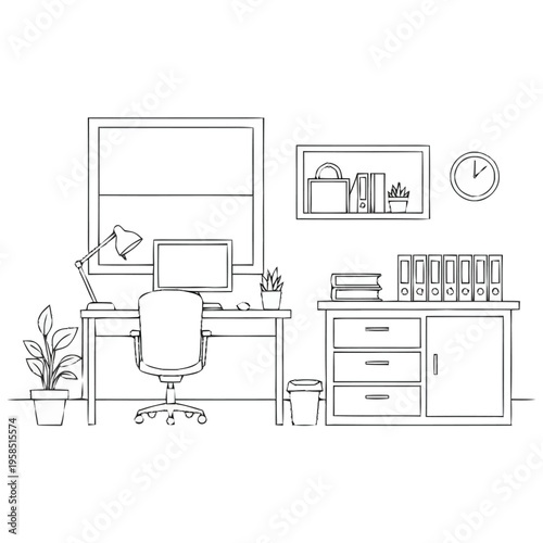 Modern Home Or Office Workspace Setup With Desk Computer Chair Lamp Plants And Storage Cabinet For Productivity And Organization Concepts