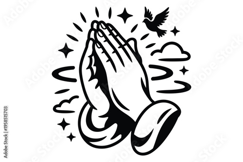 Hands praying gesture with shining stars flying dove and clouds for spiritual belief symbol