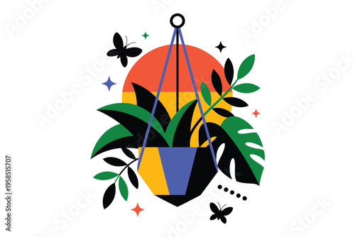 Hanging houseplant in geometric pot with butterflies and abstract sun background design