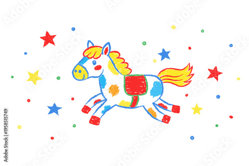 Bright crayon style drawing of a playful horse with colorful spots and stars. Childlike illustration perfect for kids themes, creativity, education, or fun design projects.