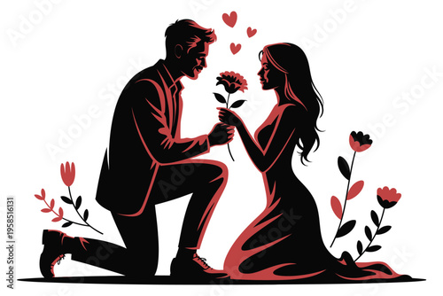 Romantic proposal scene with man kneeling and giving flower to woman silhouette vector illustration for valentines day or engagement card